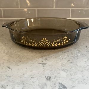 Glasbake Jeanette Amber Brown Casserole Dish 1.5 Qt Yellow Daisy pattern